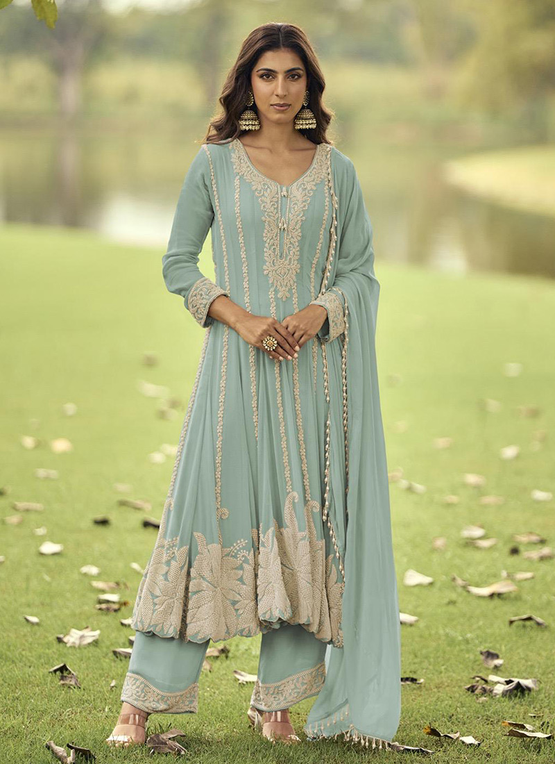 Mehendi green roman silk embroidered